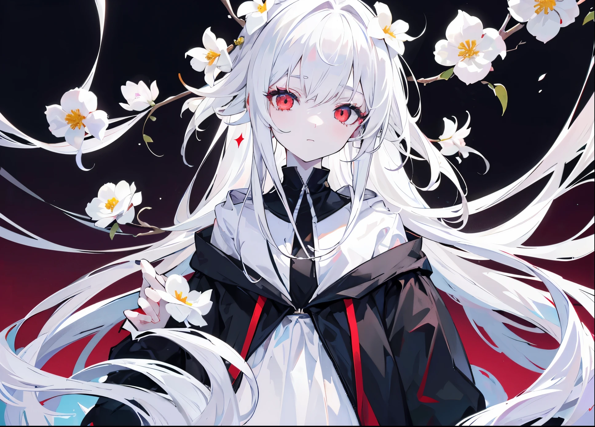 ((central)) Pale skin, White hair, Black hoodie, White flowers, flowers in head, double tails, Solo,{{Best quality}}, {{Masterpiece}}, {{Ultra-detailed}}, {illustration}, {Detailed light}, Red eyes,Long hair,