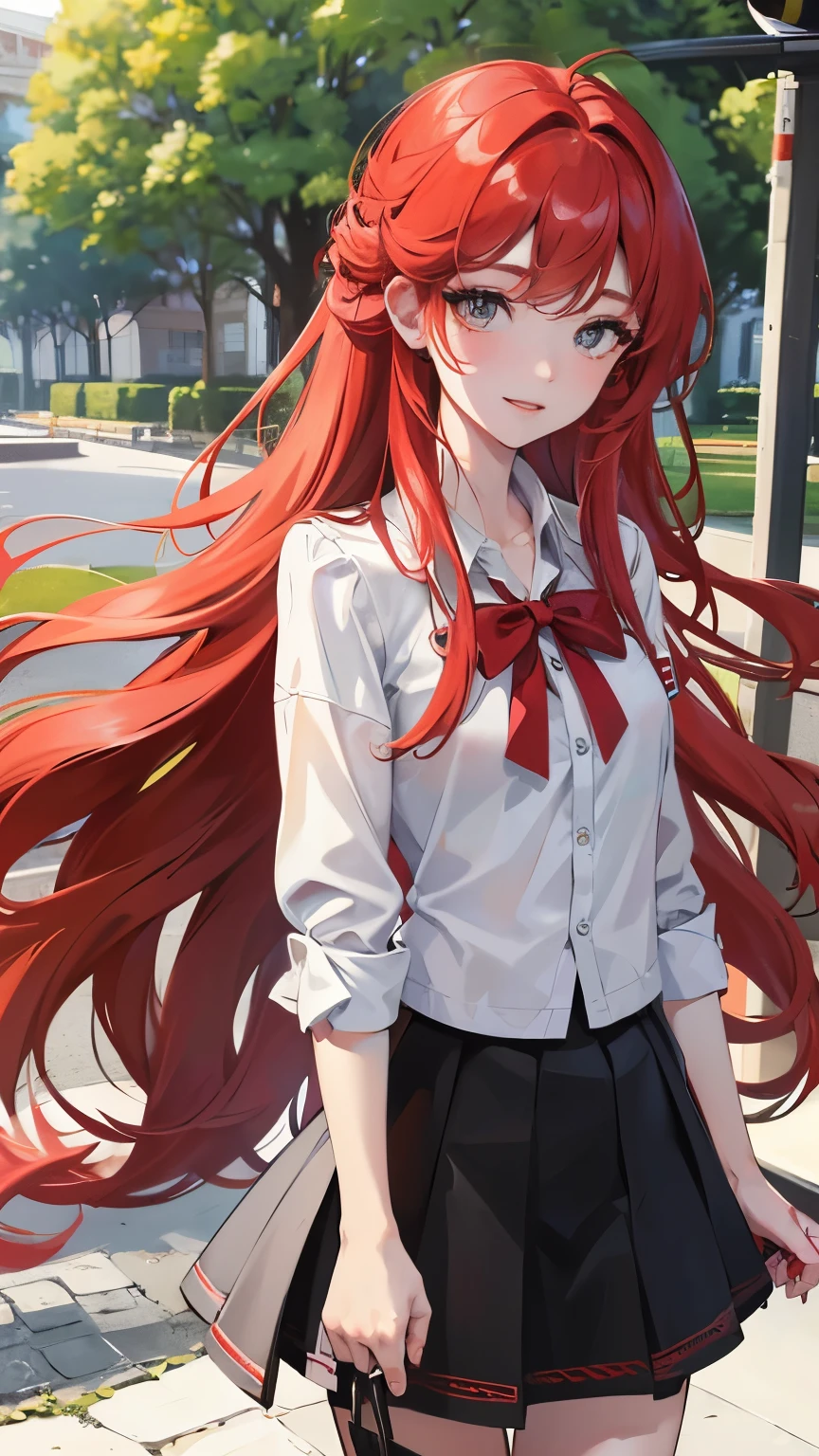 Red long hair, sunshine, masterpiece work, best quality, high resolution;,detail enhancement，best quality，perfect image quality，Beautiful and sexy, One-person viewpoint, small spots under the eyes , pretty, 큰 chest, 8K, ,chest 크게, pure white skin, chest, a lovely smile, Beloved, excitement, beautiful, gray eyes, My heart is pounding, Girlfriend, red hair, from the front, glamour, tempting, shy, innocent, at the park, blouse, skirt