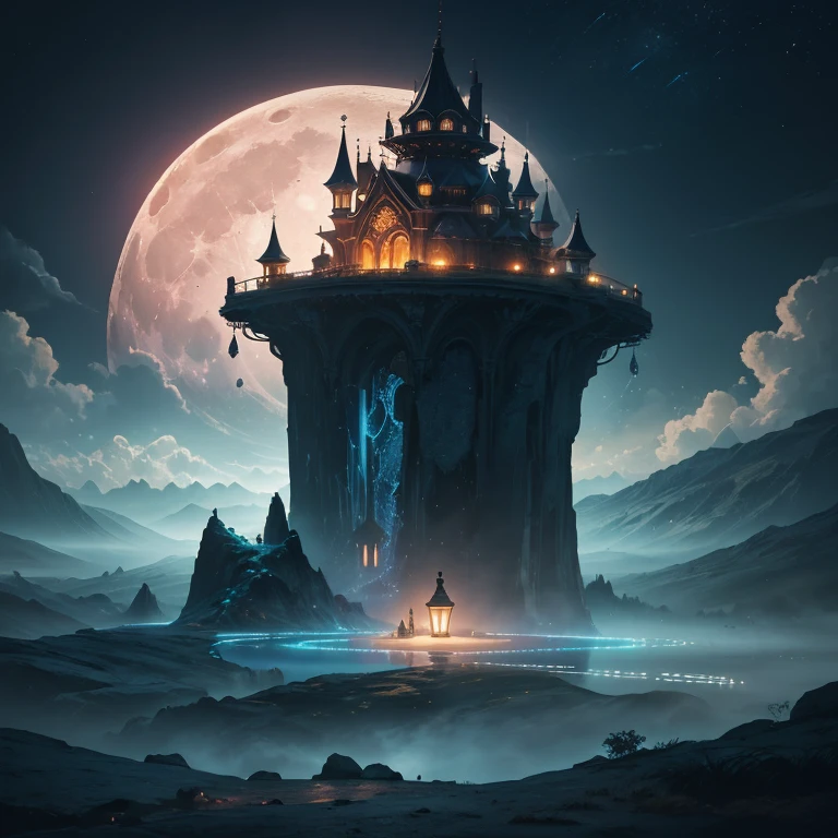 Craft an award-winning image by infusing subtle details: enhance the moon's radiance to cast a gentle glow on the landscape below, creating a captivating interplay of shadows. Add a touch of ethereal mist around the edges, heightening the mystique. Optimize the composition to highlight the seamless integration of the neon lights, clouds, and water droplets, achieving a perfect balance that draws the viewer into this dreamlike realm. Ensure meticulous attention to color grading, accentuating the contrast between the vivid neon tones and the deep, rich darkness of the night. This AI-generated masterpiece captures a harmonious blend of fantasy and reality, setting a new standard in visual storytelling."






