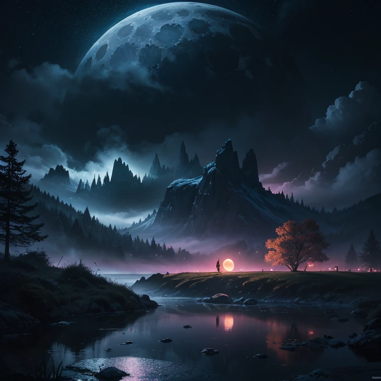 Craft an award-winning image by infusing subtle details: enhance the moon's radiance to cast a gentle glow on the landscape below, creating a captivating interplay of shadows. Add a touch of ethereal mist around the edges, heightening the mystique. Optimize the composition to highlight the seamless integration of the neon lights, clouds, and water droplets, achieving a perfect balance that draws the viewer into this dreamlike realm. Ensure meticulous attention to color grading, accentuating the contrast between the vivid neon tones and the deep, rich darkness of the night. This AI-generated masterpiece captures a harmonious blend of fantasy and reality, setting a new standard in visual storytelling."
