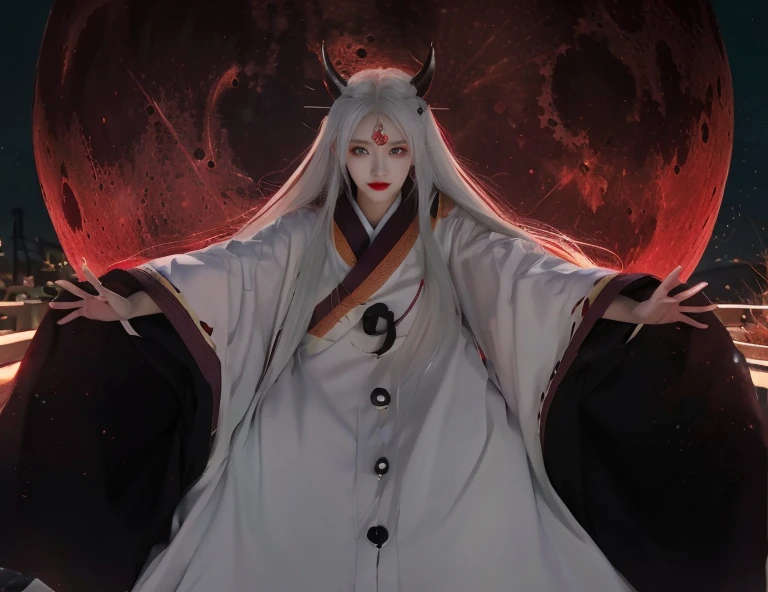 1girl, long_hair, horns, solo, red_moon, wide_sleeves, japanese_clothes, very_large_breasts, white_hair, moon, red_lips, yin_yang, white_eyes, very_long_hair, outstretched_arms, looking_at_viewer, glowing, red_grey_eyes, full_moon, long_sleeves, kimono, orb, pale_skin, makeup, third_eye, night, Ephemeral expression No laughter Watching the viewer Highest image quality、White hair color