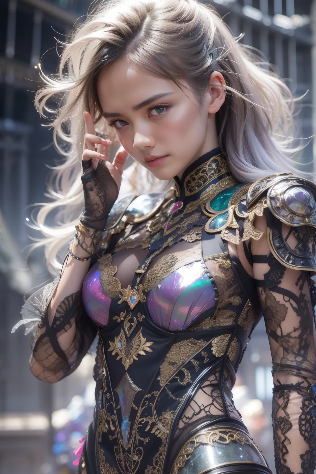 One beautiful age italian girl, (18 years old:1.3)、 (Magic Attack Pose:1.6),(magical effects like sparkles or energy:1.6), (Electric shock from hands:1.6), Beautiful seductive face, Portrait, (Thick eyebrows:1.2), (Big purple eyes:1.2), Beautiful eyes with fine symmetry, (Ultra detailed eyes:1.4), (High resolution eyes:1.1), Intimate face, (ultra detailed skin texture:1.4), White skin, pale skin, Perfect Anatomy, Thin, (Beautiful toned body:1.1), Hair Bow, (Moist skin:1.1), full of sweat, No makeup, dark circles, Good anatomy, Focus Face, good-looking, (Emilia Clark:0.6) (Emma watson:0.3),(Jennifer Connelly:0.4), (sensual face:1.5), Elegant face, Nice, Dolce, Cyberpunk Sci-Fi, (Gauntlets with intricate and beautiful designs:1.2), Blurred background, Blurred foreground, depth of fields, (Motion Blur:1.1), (Small breasts:1.2), Sheer breast, (beautiful boob:1.2), (NSFW:1.2), large hips, drivel, grabbing on breasts, (Slim and toned body:1.5), (Low-cut punk medieval armor:1.2), (Bright chrome gold lingerie with sharp reflections:1.2) (Pedras preciosas:1.2), full of sweat, Wetty, (Detailed iridescent bodysuit with beautiful fractal or marble design:1.5), (Beautiful and d delicate ruby or topaz or emerald or sapphire jewelry:1.2), Complex and colorful biomechanical bodysuit, Zentangle, mandalas, Entangled, Vulgarity, beutiful breast,