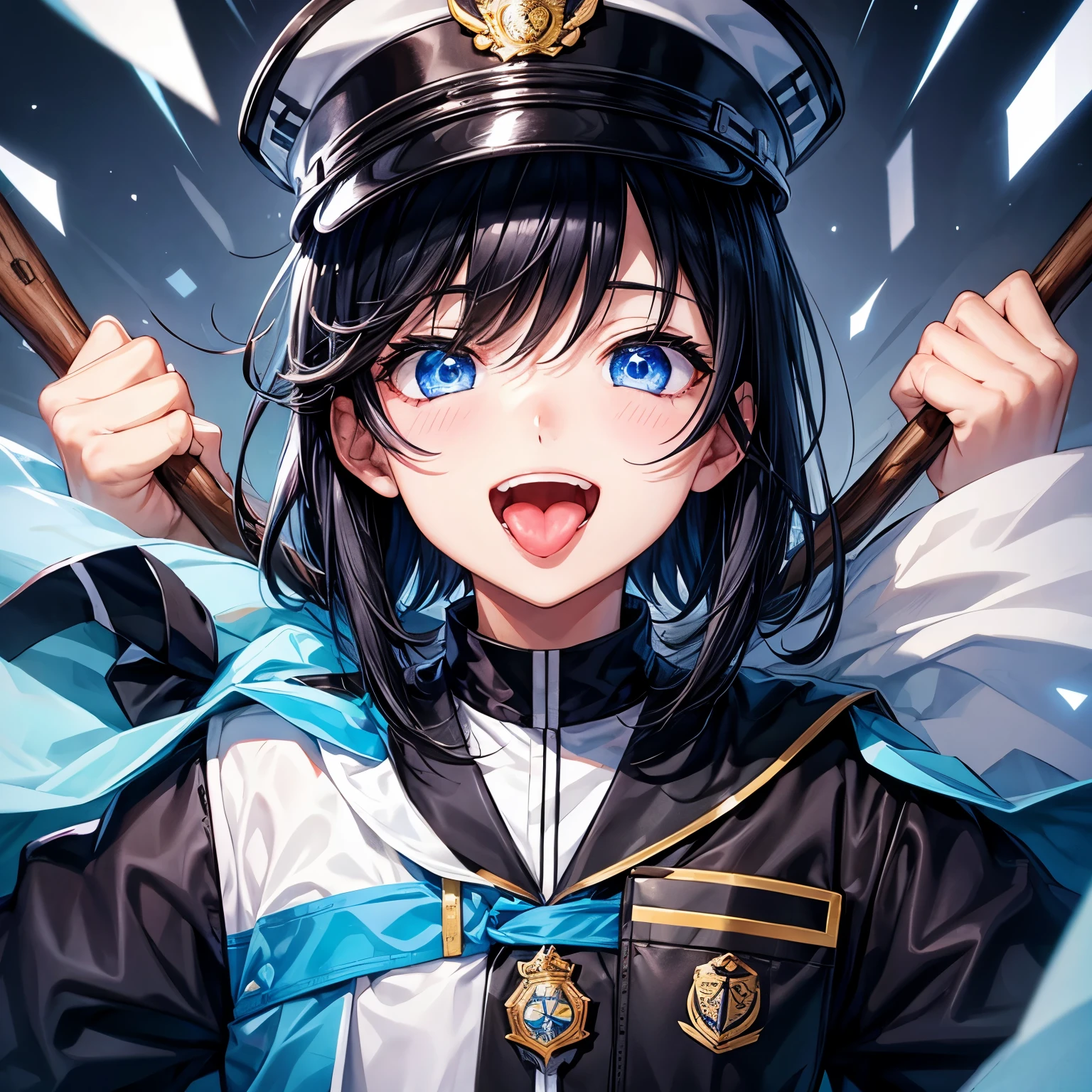 1 boy、black hair、blue eyes、police officer、stick out tongue、ecstatic expression、night