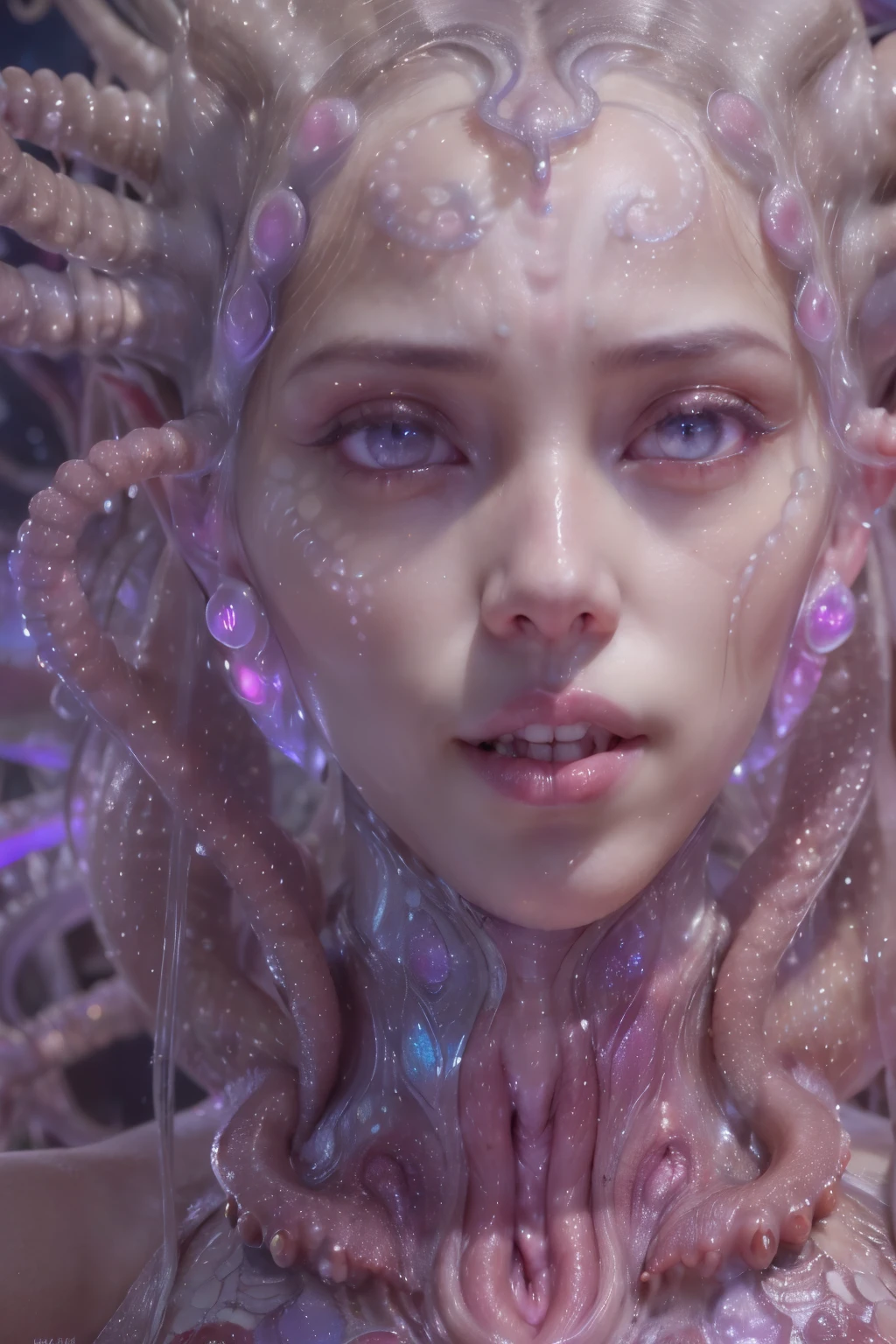 (A portrait of one beautiful and obscene female alien who is a young teenager:1.4), ((There is a female genital-like organ in the middle of her forehead:1.8)), (realistic face:1.2), (Numerous award-winning masterpieces, with incredible detail, textures and maximum detail), artistic photography, midnight aura, unreal engine 5, Ultra Sharp Focus, art by Amano Yoshitaka, ArtGerm, Roisch, intricate artwork, ultra realistic realism, high resolution, High freshness, drawing faithfully, official art, Unity 8K Wall paper, ultra detailed artistic photography, dream-like, Creation of fantasy, dream Snail, (biopunk nautilus:1.3),Thrilling color schemes, seductively smiling, Amazing mutation, well-proportioned body, goddess of the deep sea, fractal, Geometric pattern, impossible figures, (translucent white tentacles with luminescent organs:1.4), subtle emerald green accents, (smiling seductively:1.3),(She has the most beautiful face in the history of the universe:1.5), Penelope Cruz, (she is looking at viewers with glowing red eyes with no pupils:1.3), an evil gaze that seduces, (look down at the viewers:1.6), cinematic lighting, (Vampire-like long canine teeth can be glimpsed through the gap between the lips:1.3), in the hall of the palace, (sexy and sensual model posing:1.5)