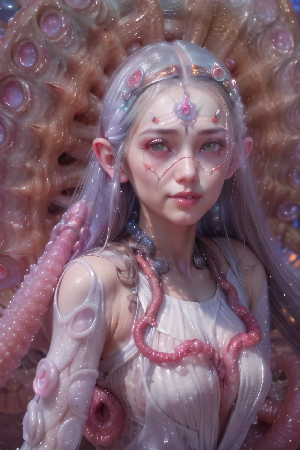 (A portrait of one beautiful and obscene female alien who is a young ager:1.4), ((There is a female genital-like organ in the middle of her forehead:1.8)), (realistic face:1.2), (Numerous award-winning masterpieces, with incredible detail, textures and maximum detail), artistic photography, midnight aura, unreal engine 5, Ultra Sharp Focus, art by Amano Yoshitaka, ArtGerm, Roisch, intricate artwork, ultra realistic realism, high resolution, High freshness, drawing faithfully, official art, Unity 8K Wall paper, ultra detailed artistic photography, dream-like, Creation of fantasy, dream Snail, (biopunk nautilus:1.3),Thrilling color schemes, seductively smiling, Amazing mutation, well-proportioned body, goddess of the deep sea, fractal, Geometric pattern, impossible figures, (translucent white tentacles with luminescent organs:1.4), subtle emerald green accents, (smiling seductively:1.3),(She has the most beautiful face in the history of the universe:1.5), Penelope Cruz, (she is looking at viewers with glowing red eyes with no pupils:1.3), an evil gaze that seduces, (look down at the viewers:1.6), cinematic lighting, (Vampire-like long canine teeth can be glimpsed through the gap between the lips:1.3), in the hall of the palace, (sexy and sensual model posing:1.5)