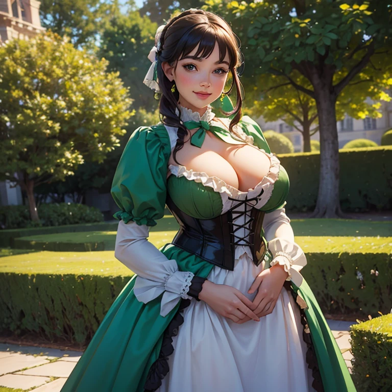 Hyper-realistic, masterpiece, screen shot, best quality, beautiful portrait, long shot portrait, high resolution, 8k, 1girl, smiley cocky smirk, a woman in a green corset dress, plus size model, plump, standing under the tree, standing in evening, Victorian lady, a beautiful Victorian woman, Victorian fantasy art, dressed in Victorian corset, beautiful character.