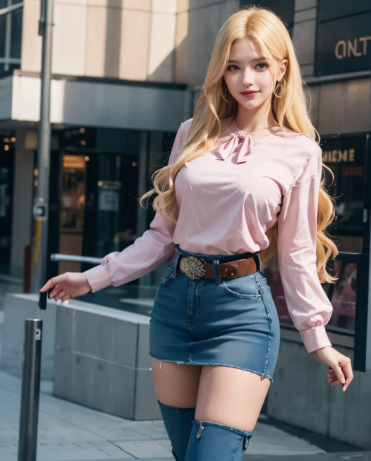 1girl, Blue eyes, (smile), (long high heels boots :1.3), shiny makeup, (Sana Minatozaki), wide hips, Big , big ass, (Best Quality, 8k, Masterpiece: 1.3), perfect hands, Clear Focus: 1.2, Perfect Body Beauty: 1.4, Highly detailed face and skin texture, detailed eyes, double eyelids, red lips, (blonde long hair :1.2), (pink blouse :1.2), belt, (jeans skirt :1.3), standing, dynamic pose, in a shopping center
