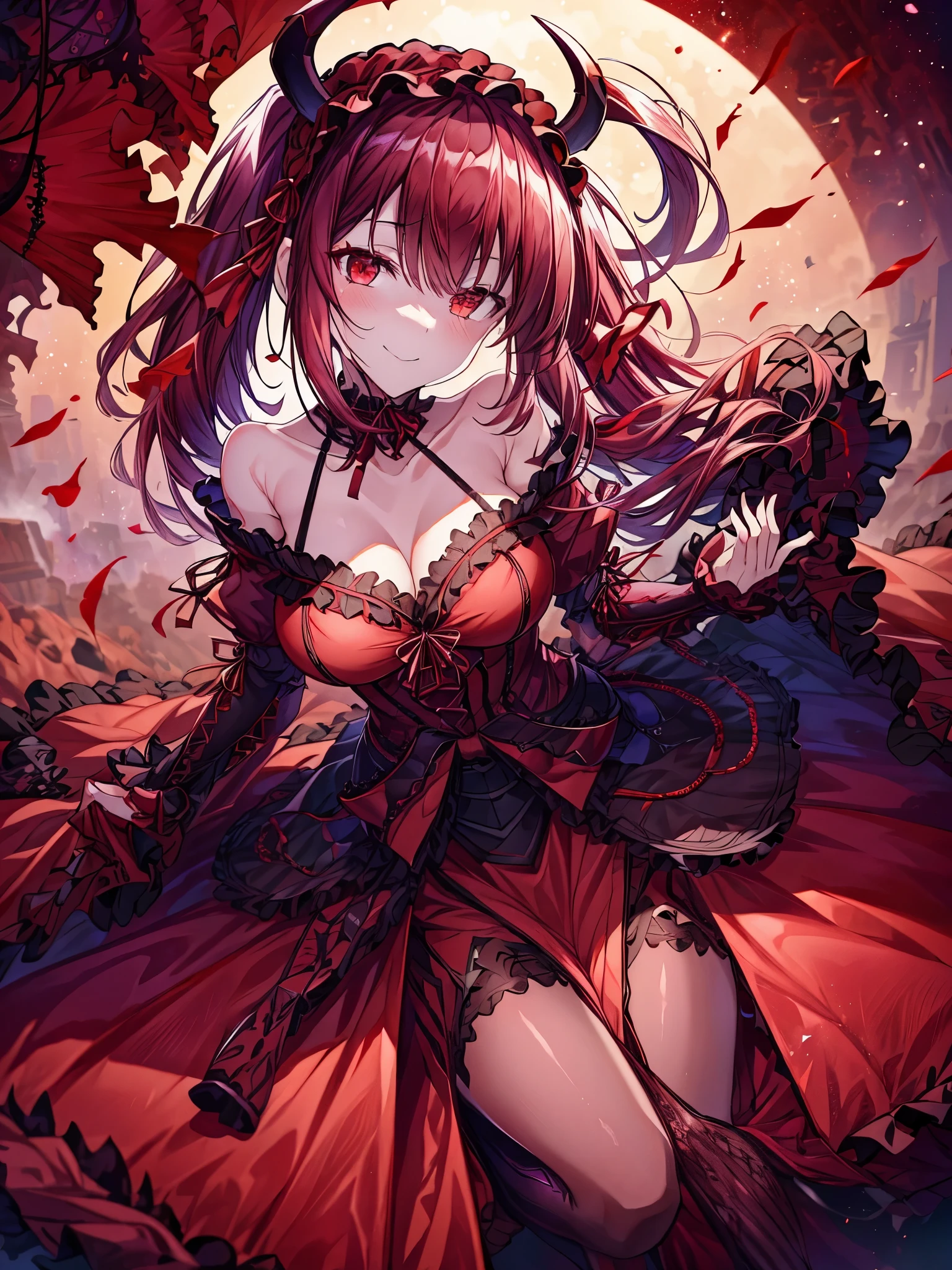 best quality,4k,highres),ultra-detailed,realistic,portrait,dark red-haired succubus in a dark red spring dress with purple embellishments, vibrant colors, delicate features, alluring gaze, enchanting smile, flowing hair, soft lighting