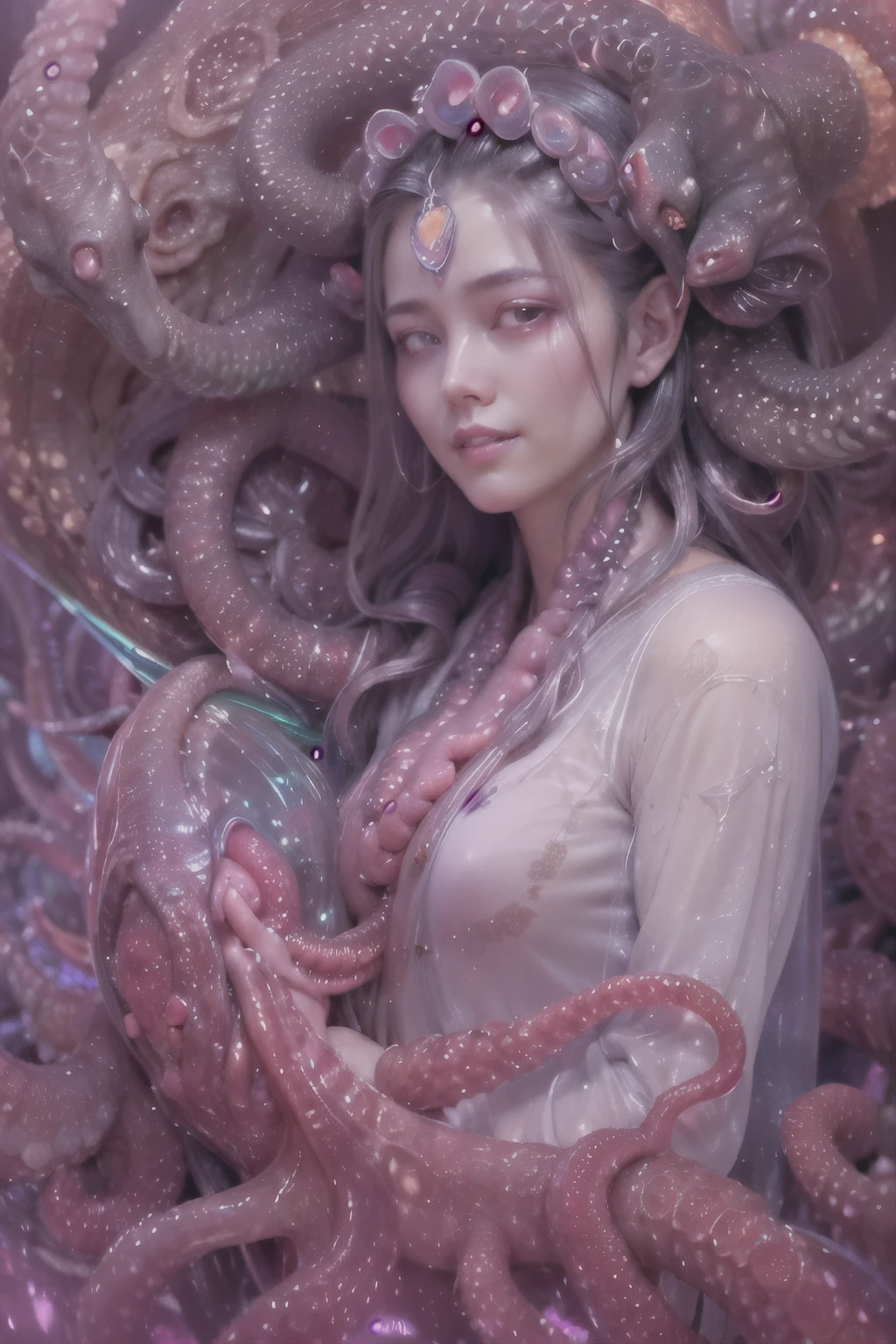 (A portrait of one beautiful and obscene female alien who is a young ager:1.4), ((There is a female genital-like organ in the middle of her forehead:1.8)), (realistic face:1.2), (Numerous award-winning masterpieces, with incredible detail, textures and maximum detail), artistic photography, midnight aura, unreal engine 5, Ultra Sharp Focus, art by Amano Yoshitaka, ArtGerm, Roisch, intricate artwork, ultra realistic realism, high resolution, High freshness, drawing faithfully, official art, Unity 8K Wall paper, ultra detailed artistic photography, dream-like, Creation of fantasy, dream Snail, (biopunk nautilus:1.3),Thrilling color schemes, seductively smiling, Amazing mutation, well-proportioned body, goddess of the deep sea, fractal, Geometric pattern, impossible figures, (translucent white tentacles with luminescent organs:1.4), subtle emerald green accents, (smiling seductively:1.3),(She has the most beautiful face in the history of the universe:1.5), Penelope Cruz, (she is looking down at viewers with glowing red eyes with no pupils:1.3), an evil gaze that seduces, cinematic lighting, (Vampire-like long canine teeth can be glimpsed through the gap between the lips:1.3), in the hall of the palace, Sweet breath is exhaling from beautiful lips, ecstatic expression