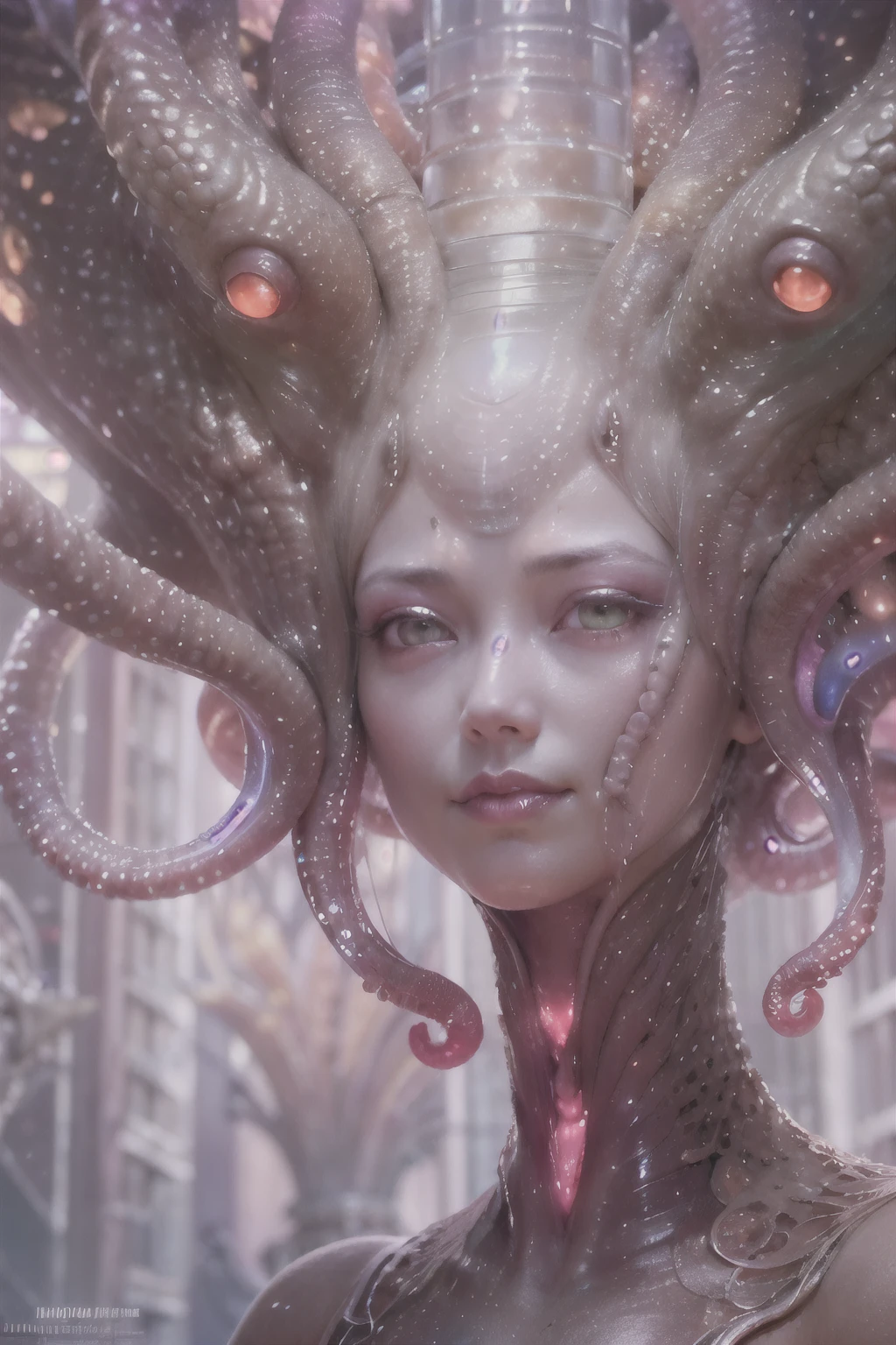 (A portrait of one beautiful and obscene female alien who is a young :1.4), ((There is a female genital-like organ in the middle of her forehead:1.8)), (realistic face:1.2), (Numerous award-winning masterpieces, with incredible detail, textures and maximum detail), artistic photography, midnight aura, unreal engine 5, Ultra Sharp Focus, art by Amano Yoshitaka, ArtGerm, Roisch, intricate artwork, ultra realistic realism, high resolution, High freshness, drawing faithfully, official art, Unity 8K Wall paper, ultra detailed artistic photography, dream-like, Creation of fantasy, dream Snail, (biopunk nautilus:1.3),Thrilling color schemes, seductively smiling, Amazing mutation, well-proportioned body, goddess of the deep sea, fractal, Geometric pattern, impossible figures, (translucent white tentacles with luminescent organs:1.4), subtle emerald green accents, (smiling seductively:1.3),(She has the most beautiful face in the history of the universe:1.5), Penelope Cruz, (she is looking down at viewers with glowing red eyes with no pupils:1.3), an evil gaze that seduces, cinematic lighting, (Vampire-like long canine teeth can be glimpsed through the gap between the lips:1.3), in the hall of the palace, Sweet breath is exhaling from beautiful lips, ecstatic expression