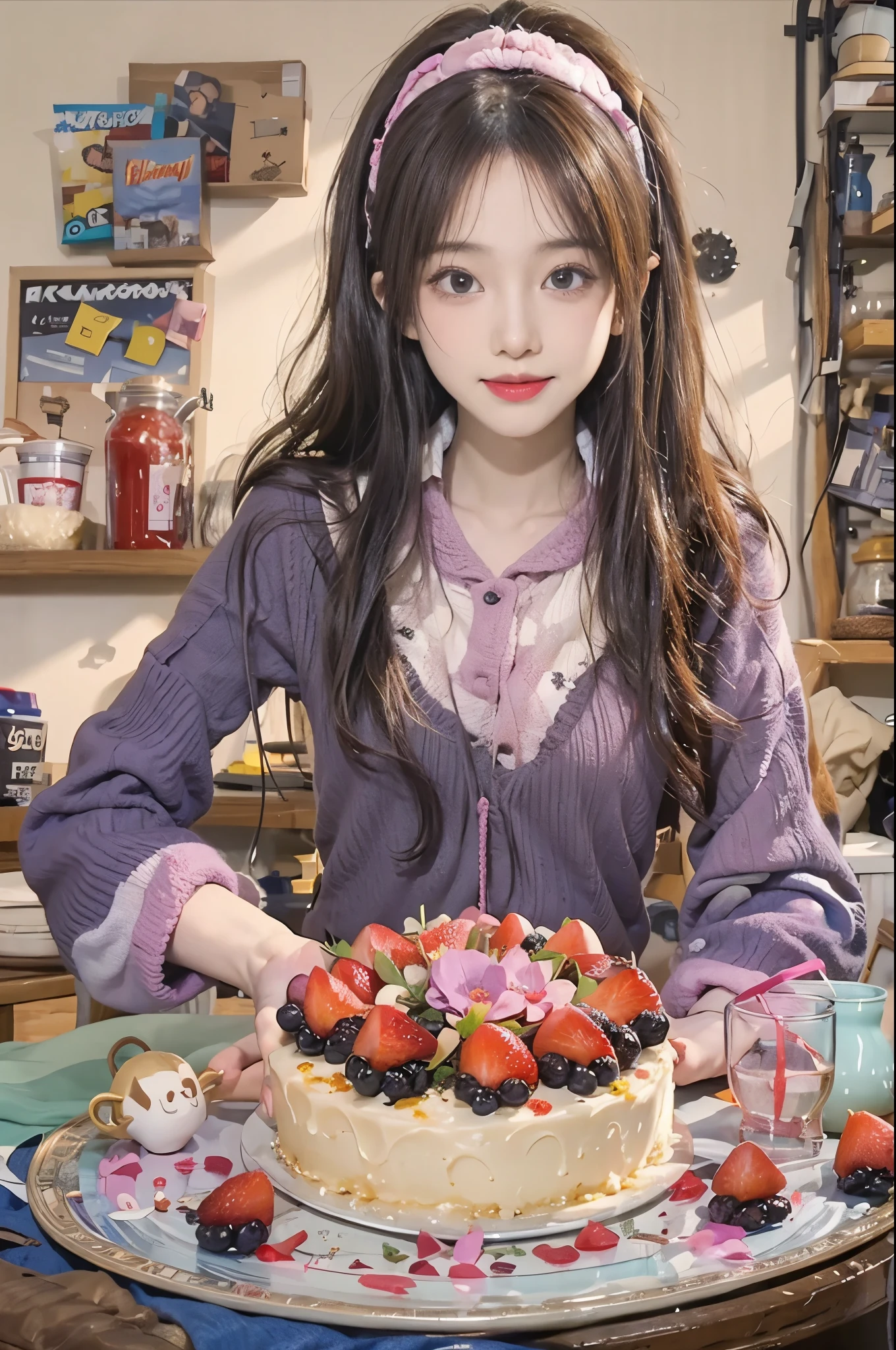 stands 私n a flower私ng f私eld、Creates an 私mage of a happy 28 year old brunette woman w私th messy ha私r。. She sm私led、Present a b私rthday cake to the v私ewer on the table。, 私n br私ght purple. 私&#39;私&#39;あなたに代わって働きます!
