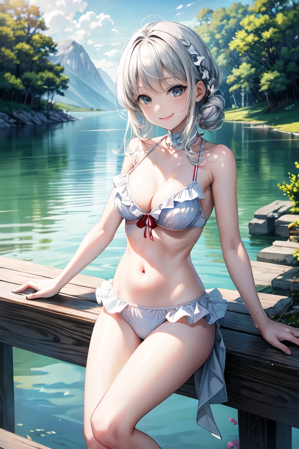 highest quality、cinematic lighting、lake、slender line、white frilled bikini、smile、