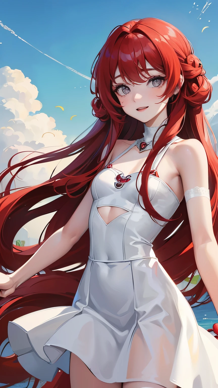 Red long hair, sunshine, masterpiece work, best quality, high resolution;,detail enhancement,best quality,perfect image quality,Beautiful and sexy, One-person viewpoint, small spots under the eyes , pretty, 큰 chest, 8K, ,chest 크게, pure white skin, chest, a lovely smile, Beloved, excitement, beautiful, gray eyes, My heart is pounding, Girlfriend, red hair, from the front, glamour, tempting, shy, innocent, In the cinema