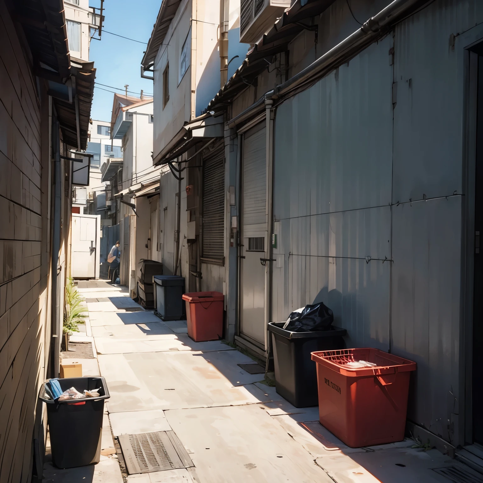 (((back alley))), daytime, trash can, (clean floor), (cardboard box), highschool in background, shortcut, (no windows or balconies), (fence), (walls on both sides), ((wide alley)),