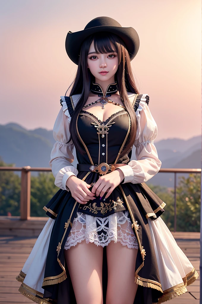 (illustration:1.1),(Best quality),(Masterpiece:1.1),(Extremely detailed Cg Unity 8K wallpaper:1.1), (Colorful:0.9),(cowboy:1.1),(Solo:1.2),sharp and clear focus, { 2 girls standing }, looking a viewer, make happy expressions, Soft smile, Pure, Beautiful face and eye details, Beauty fashion clothing department pattern details, Black hair, Black eyes,