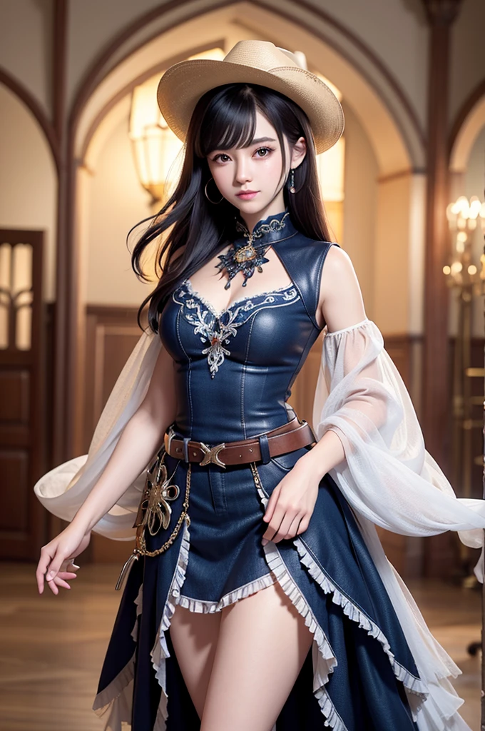 (illustration:1.1),(Best quality),(Masterpiece:1.1),(Extremely detailed Cg Unity 8K wallpaper:1.1), (Colorful:0.9),(cowboy:1.1),(Solo:1.2),sharp and clear focus, { 2 girls standing }, looking a viewer, make happy expressions, Soft smile, Pure, Beautiful face and eye details, Beauty fashion clothing department pattern details, Black hair, Black eyes,