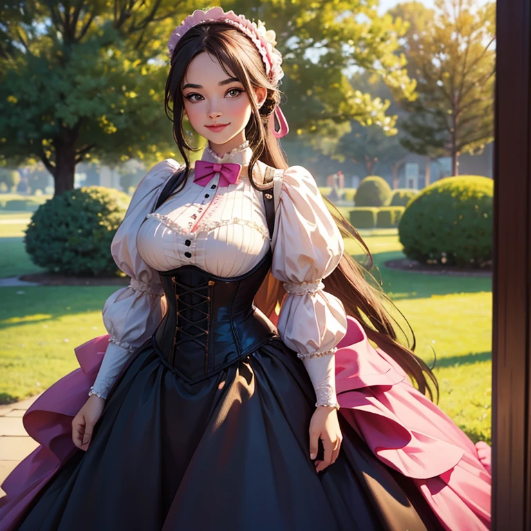 Hyper-realistic, masterpiece, screen shot, best quality, beautiful portrait, long shot portrait, high resolution, 8k, 1girl, smiley cocky smirk, a woman in a pink corset dress, plus size model, plump, standing under the tree, standing in evening, Victorian lady, a beautiful Victorian woman, Victorian fantasy art, dressed in Victorian corset, beautiful character.