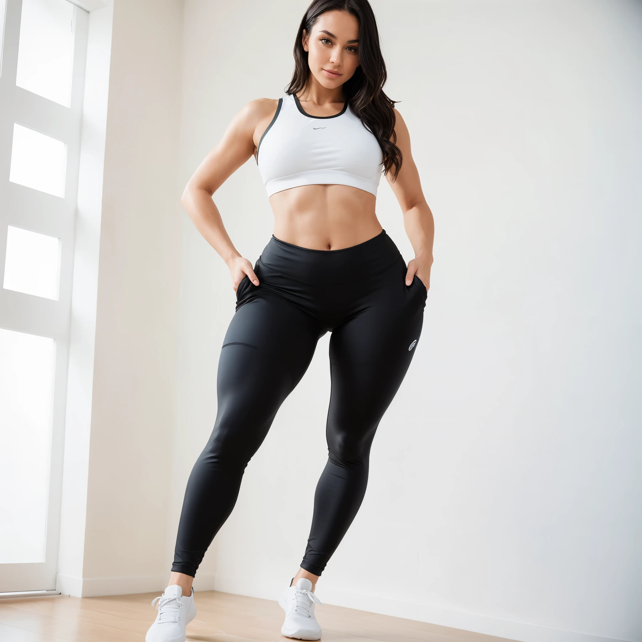 a beautiful woman is 28 years old with green eyes and a tight stomach with big hips and a booty in incredibly sexy lingerie suit, two piece workout clothes, jet black leggins, cottagecore!! fitness body, cute sportswear, leggings, energetic varia suit, high level body suit, black leggins, with two front pockets, wearing black tight clothing, black leggings, leggins, waist up, wearing fitness gear