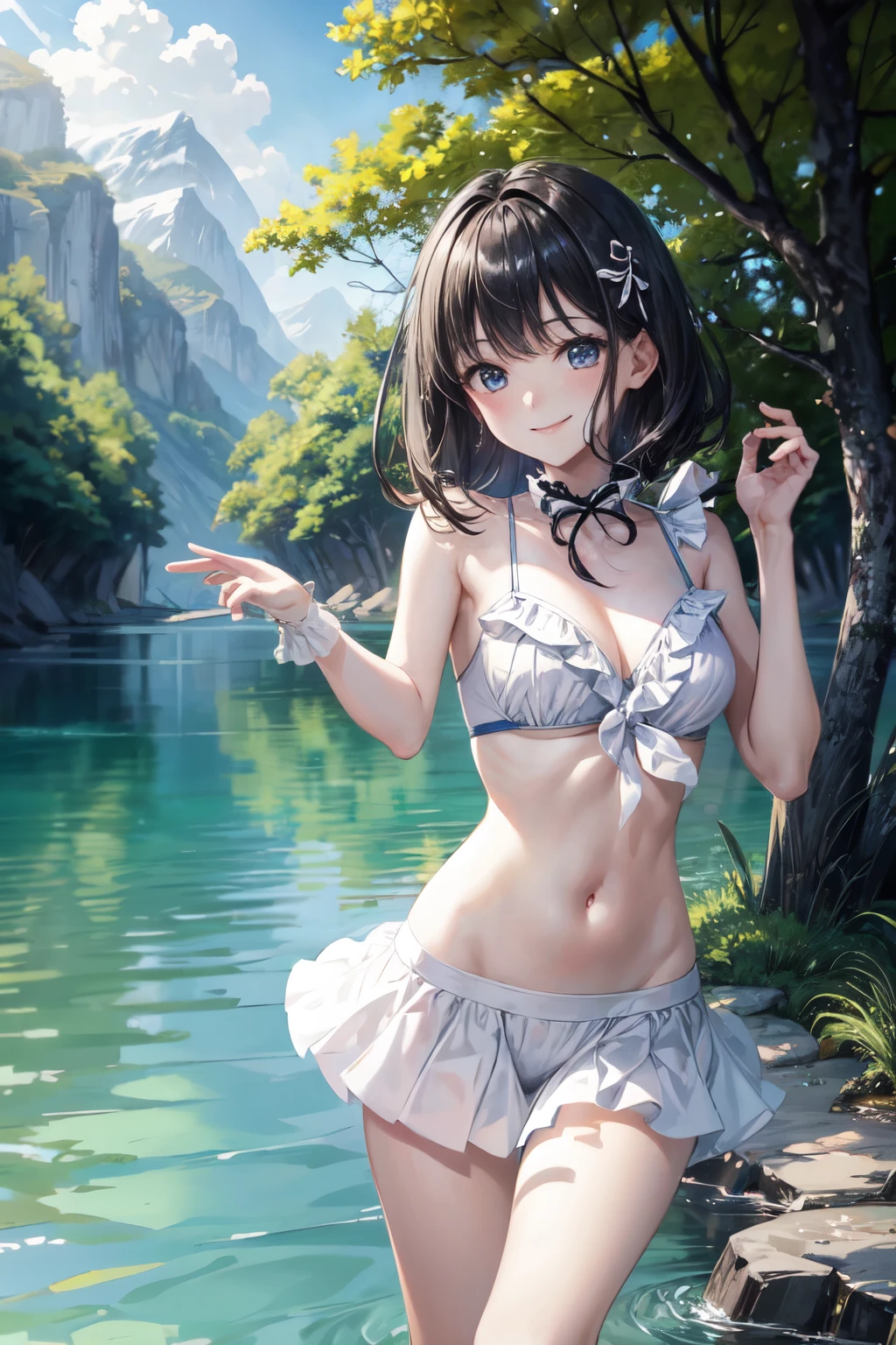 highest quality、cinematic lighting、Entering the lake、slender line、white frilled bikini、smile、black hair、