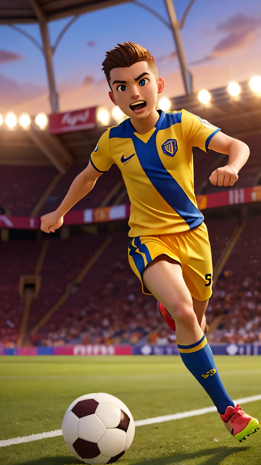 (a soccer player male dribbling),detailed action,quick and agile movements,energetic body language,highly skilled,impressive ball control,fast pace,competitive spirit,vibrant colors,sharp focus,extreme detail description,photorealistic rendering,professional lighting,astounding athleticism,exciting atmosphere,grand stadium,cheering crowd,striking football boots,summer evening sunset,enjoying the game,lively expressions,celebratory vibes,feeling of victory,artistic composition
