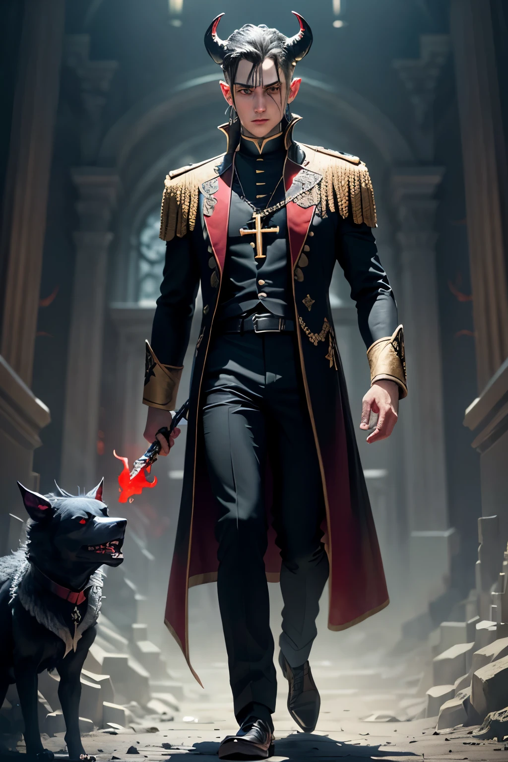 The young priest, dressed in a black gold priest's uniform, looked down at everything with three-dimensional features. He held a black and red dagger in his right hand, and his black and red eyes looked down on him. At his left foot stood a hellhound with nightmare horns on his head,