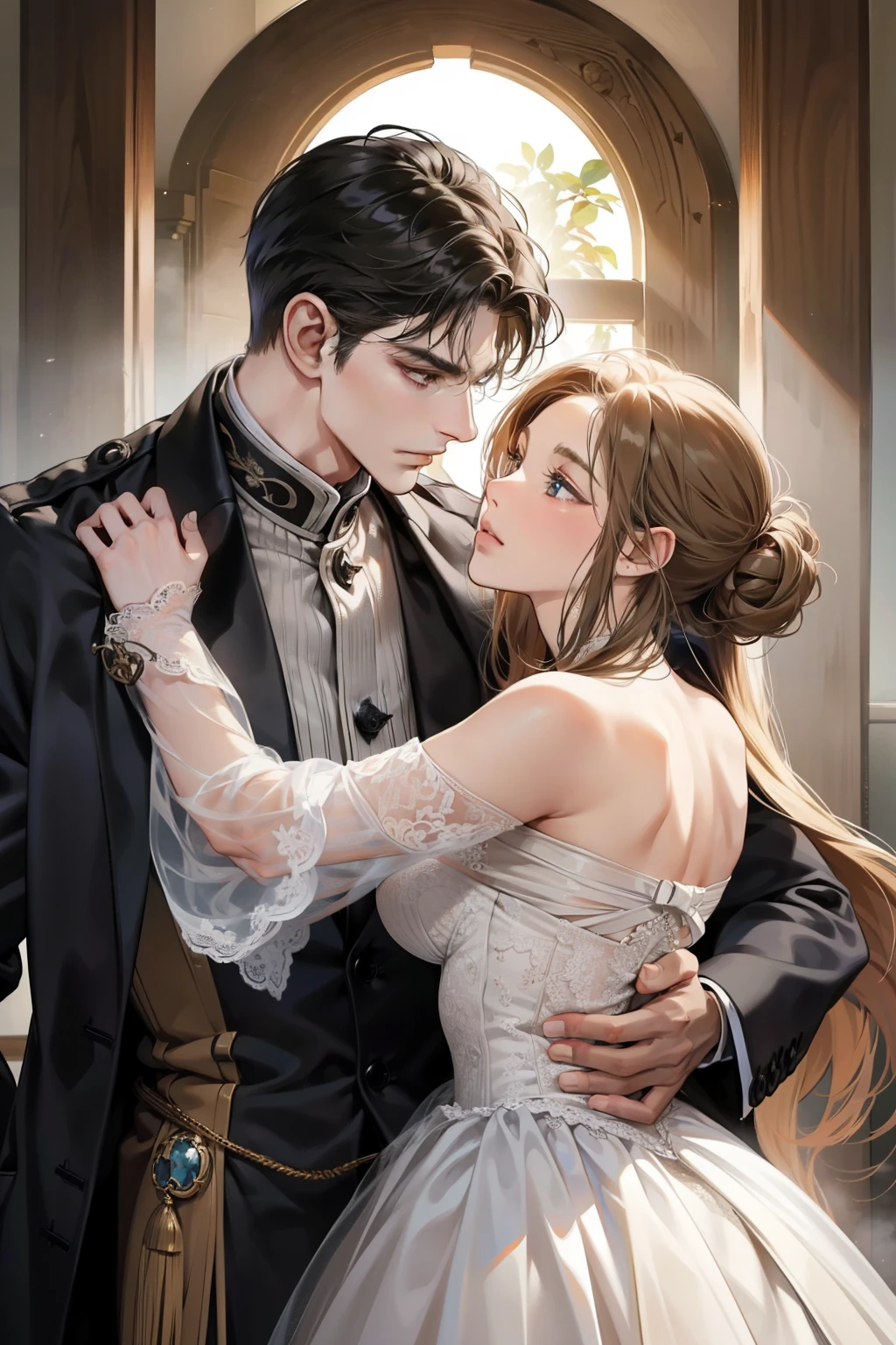 A tall man with broad shoulders enveloped his wife in a warm and loving embrace, his muscular arms holding her tightly against his chest. The couple stood in perfect harmony, their bodies pressed together as if they were one. The man's rugged features were finely chiseled, with a detailed face that spoke of strength and determination. His piercing eyes, deep and intense, gazed into his wife's eyes with unwavering adoration. The lines on his weathered skin told stories of a life well-lived, each wrinkle and crease marking a moment of joy or hardship. His skin glowed with a gentle sheen, almost as if it were kissed by the sun. The background was meticulously crafted, with every intricate detail meticulously rendered.