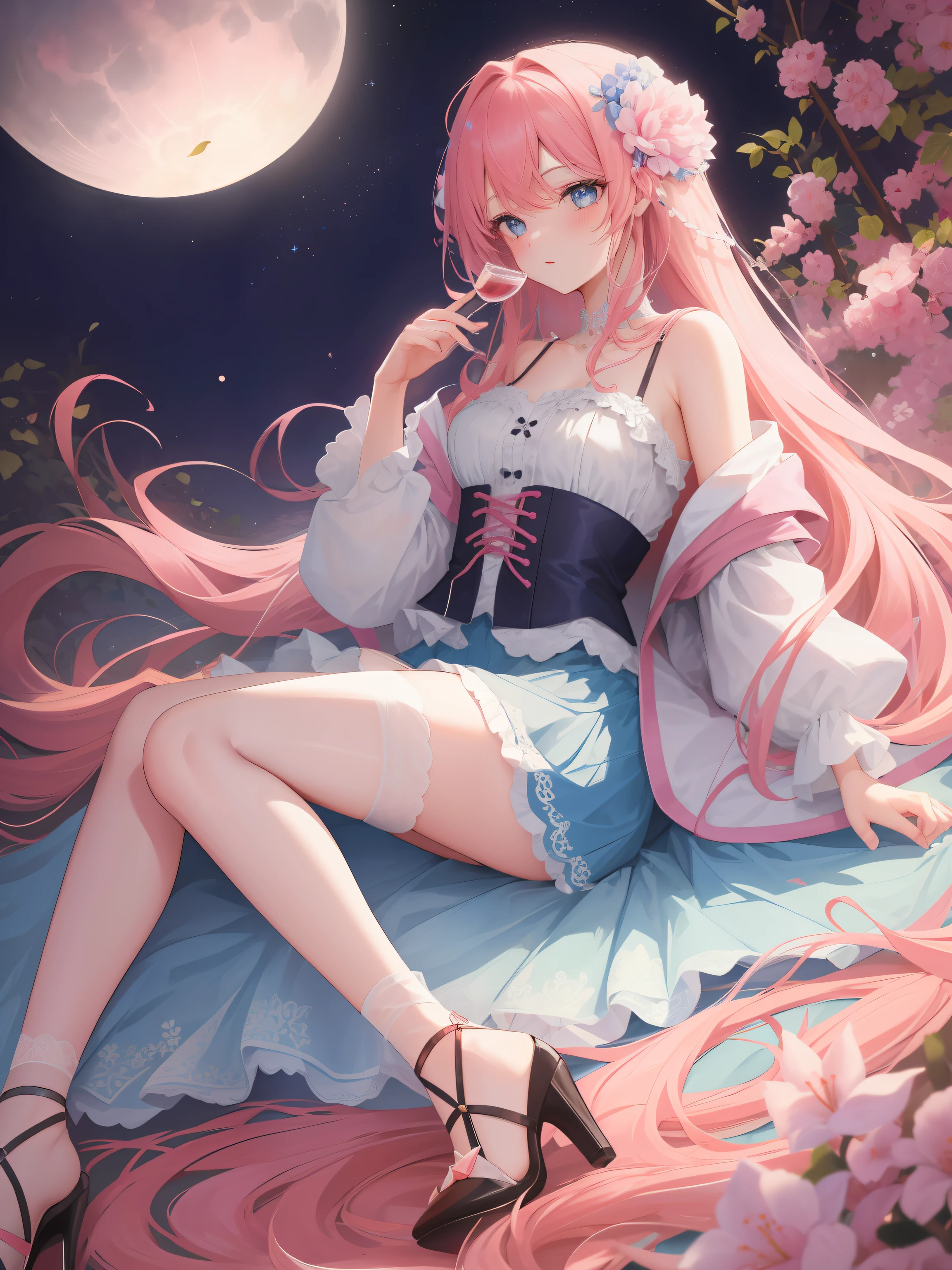 a beautiful girl, Sweet, Full body image, Flesh-colored lace, long pink hair, Closed moon shame flower, crushed by the country, Incredibly beautiful, black stockings, blue eyes, full body portrait, close up, High heel, full body portrait, Lying in bed, Blue gauze dress, Exquisite facial features, Perfect body, messy long pink hair, moaning, Tempting, bare shoulders, Holding a wine glass