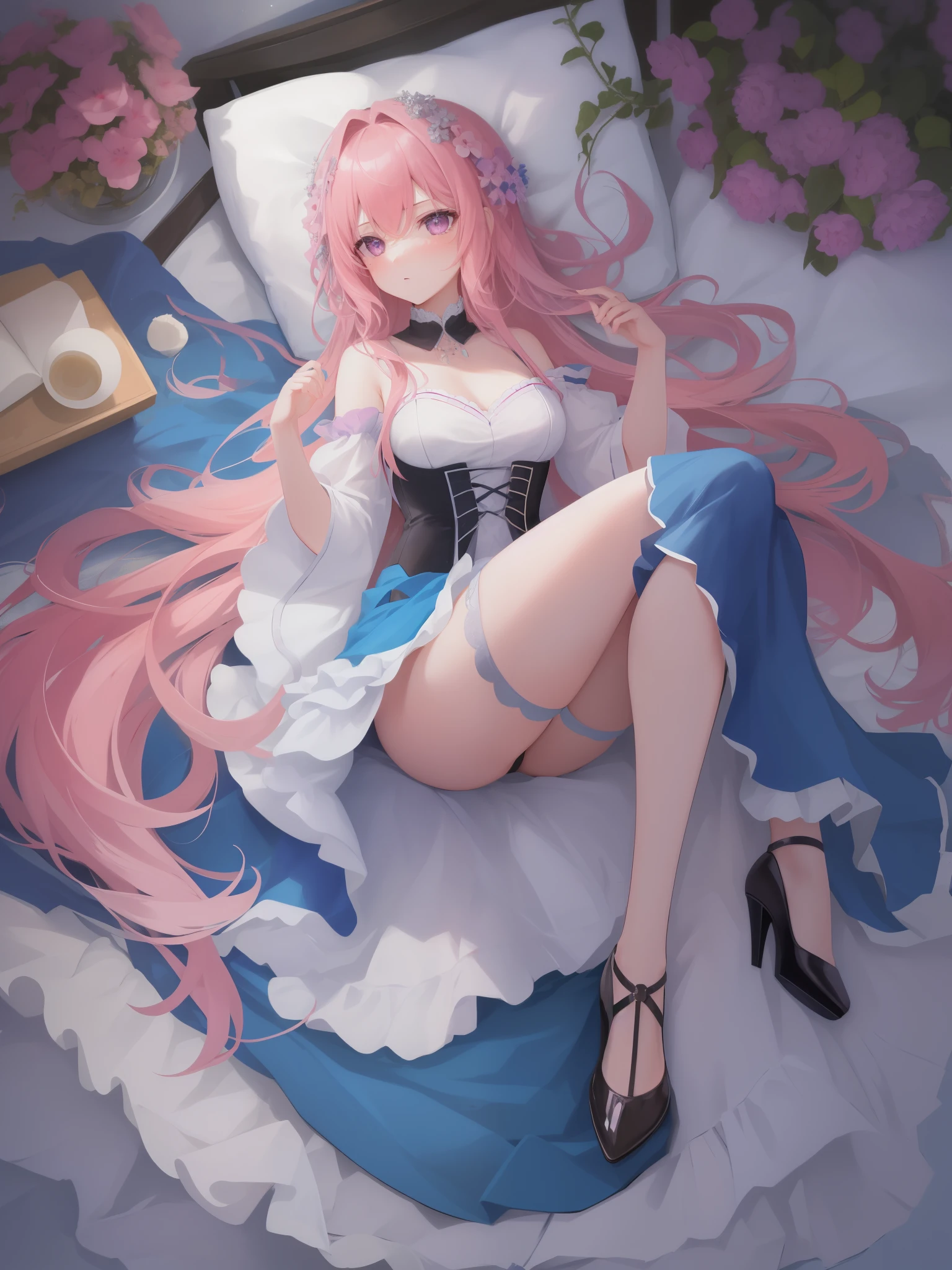 a beautiful girl, Sweet, Full body image, black色蕾丝, silver long hair, Moonflower, crushed by the country, Incredibly beautiful, black, purple eyes, full body portrait, close up, High heel, full body portrait, Lying in bed, 紫black纱裙, Exquisite facial features, Perfect body, neat silver long hair, moaning, , bare shoulders,