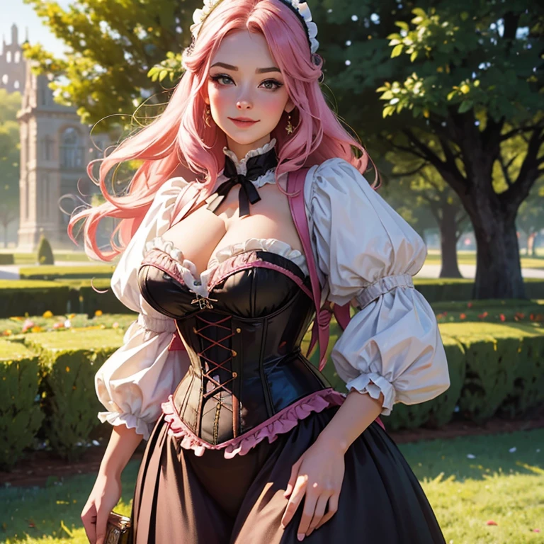 Hyper-realistic, masterpiece, screen shot, best quality, beautiful portrait, long shot portrait, high resolution, 8k, 1girl, smiley cocky smirk, a woman in a pink corset, plus size model, plump, standing under the tree, standing in evening, Victorian lady, a beautiful Victorian woman, Victorian fantasy art,  dressed in Victorian corset, beautiful character.
