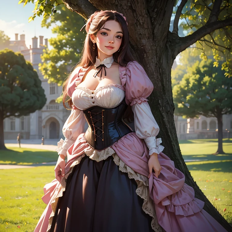 Hyper-realistic, masterpiece, screen shot, best quality, beautiful portrait, long shot portrait, high resolution, 8k, 1girl, smiley cocky smirk, a woman in a pink corset, plus size model, plump, standing under the tree, standing in evening, Victorian lady, a beautiful Victorian woman, Victorian fantasy art, dressed in Victorian corset, beautiful character.