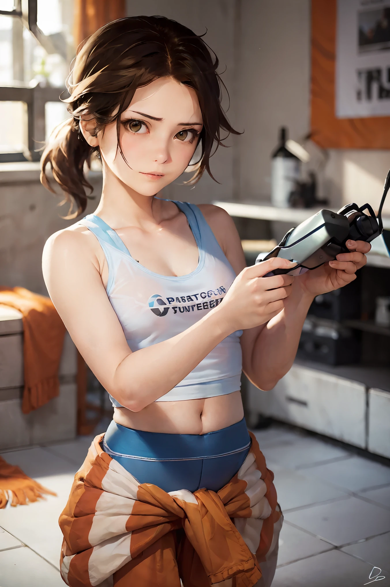 (masterpiece, best quality:1.2), cowboy shot, solo, 1girl, chell, expressionless, closed mouth, looking at viewer, ponytail, tanktop, clothes around waist