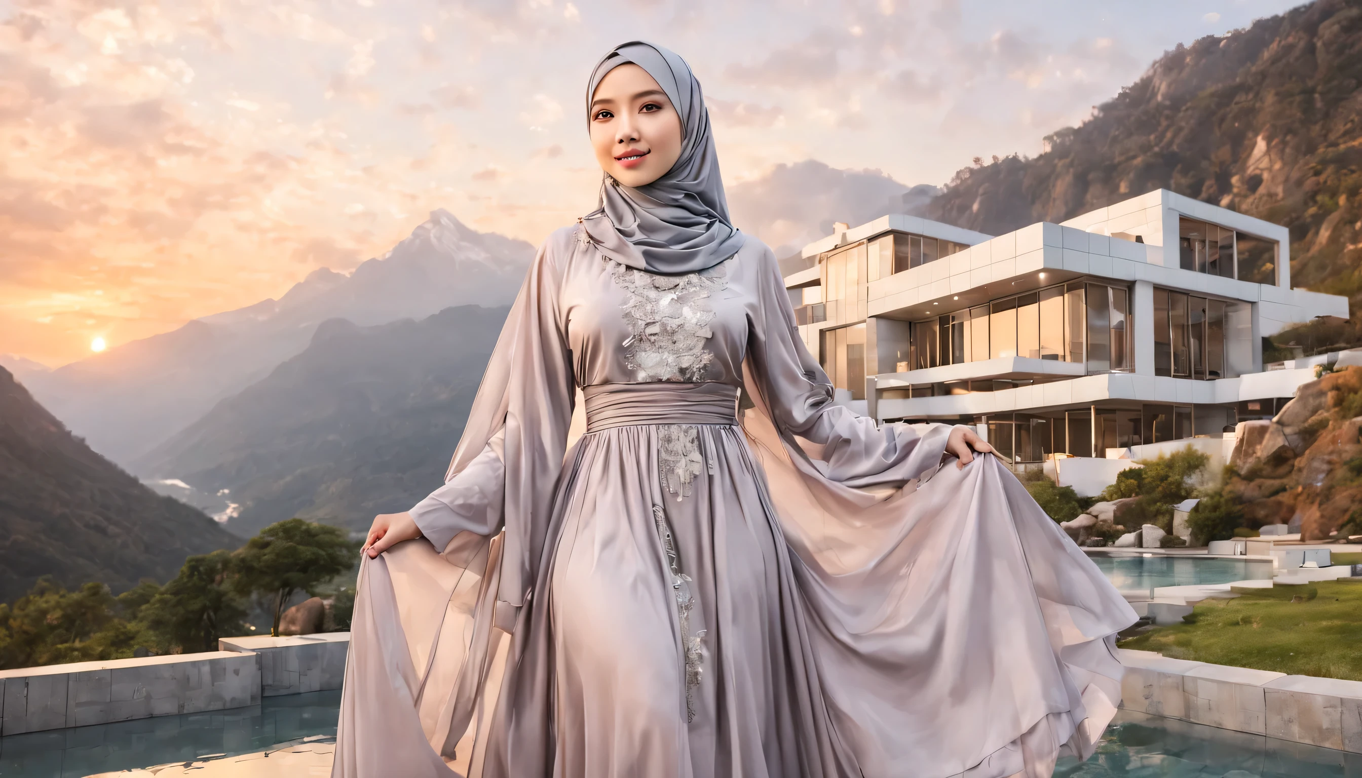 a woman, Asian girl, wear hijab and long dress, sunset color palette, hijabdress, standing in front modern sci-fi house build from gold and silver, fairy waterfall and mountain scene, masterpiece, realistic