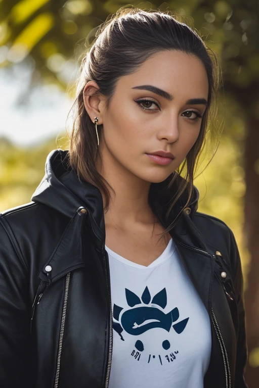 uma foto de uma mulher sedutora com estilo solto (cabelo ruivo:1.1), entediado, she is wearing a hoodie and black leather jacket, mascara, (Pele texturizada, poros da pele:1.1), (toupeiras:0.8), pele imperfeita, arrepio, flawless face, (sardas claras:0.9), (Beijado pelo sol, ensolarado:1.1), ((fotorrealista):1.1), (Cru, 8k:1.3),