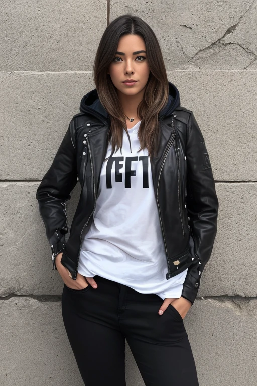 uma foto de uma mulher sedutora com estilo solto (cabelo ruivo:1.1), entediado, she is wearing a hoodie and black leather jacket, mascara, (Pele texturizada, poros da pele:1.1), (toupeiras:0.8), pele imperfeita, arrepio, flawless face, (sardas claras:0.9), (Beijado pelo sol, ensolarado:1.1), ((fotorrealista):1.1), (Cru, 8k:1.3), 