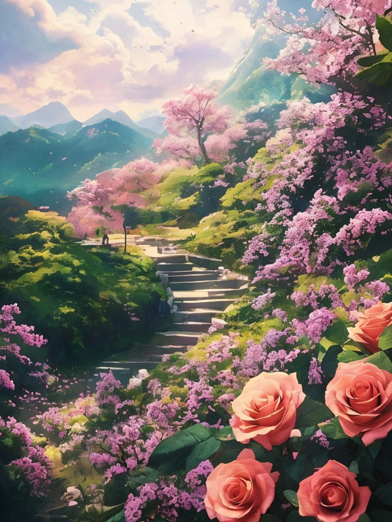 There are many pink roses growing on the mountainside, Beautiful art ultra hd 4k, 4k highly detailed digital art, beautiful numbers艺术work, beautiful iphone wallpapers, 8k high quality detailed art, 4k detailed digital art, beautiful numbers, 8K Stunning Artwork, beautiful numbers艺术, very beautiful numbers艺术, background artwork, beautiful aesthetic