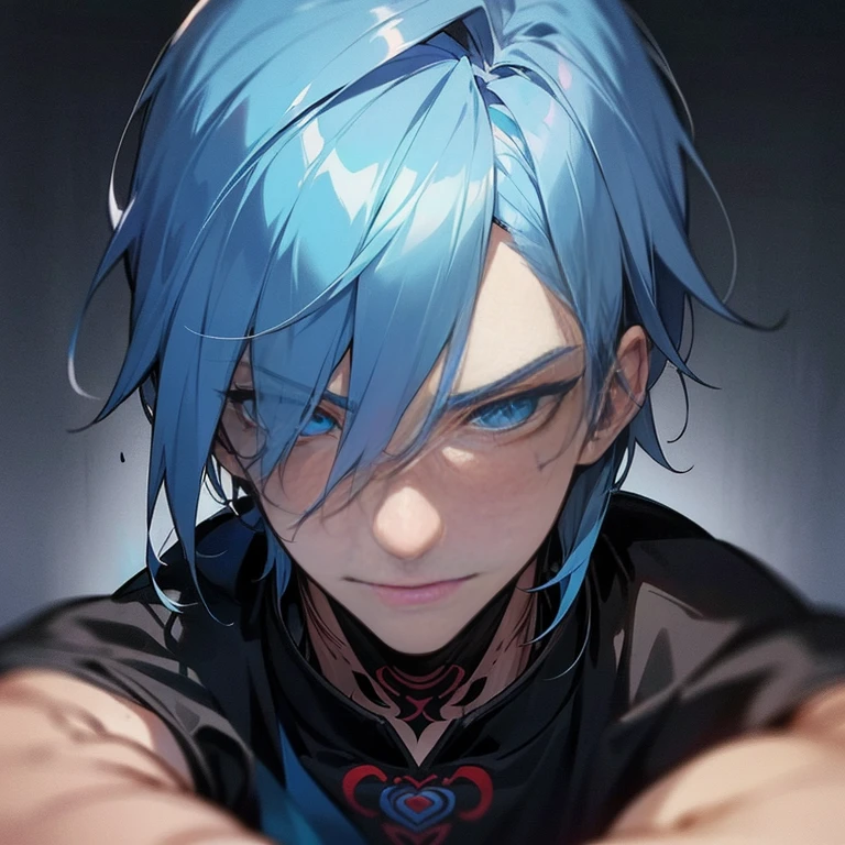 handsome blue eyes,Mulet style blue hair, tattoos all over his body,male people,a handsome,Cool atmosphere,Soio,Mash,Depressive Atmosphere(masuter piece,Viewer's Perspective,Half body,close up of face,ムラムラ,evil smile,Yandere atmosphere,,