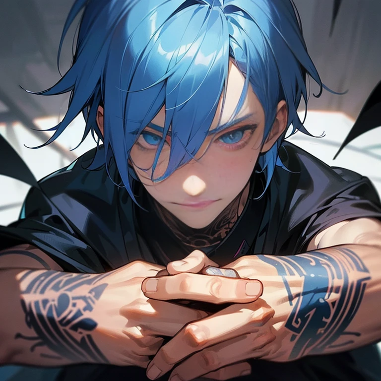 handsome blue eyes,Mulet style blue hair, tattoos all over his body,male people,a handsome,Cool atmosphere,Soio,Mash,Depressive Atmosphere(masuter piece,Viewer's Perspective,Half body,close up of face,ムラムラ,evil smile,Yandere atmosphere,,