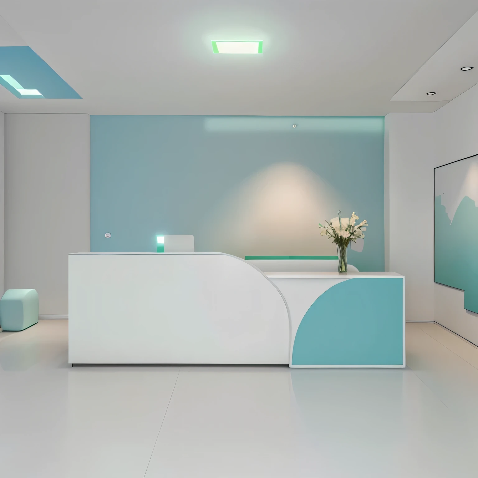 best quality, 8k, realistic, ultra-detailed, white wall, green blue pastel reception desk, Lighting around the reception desk