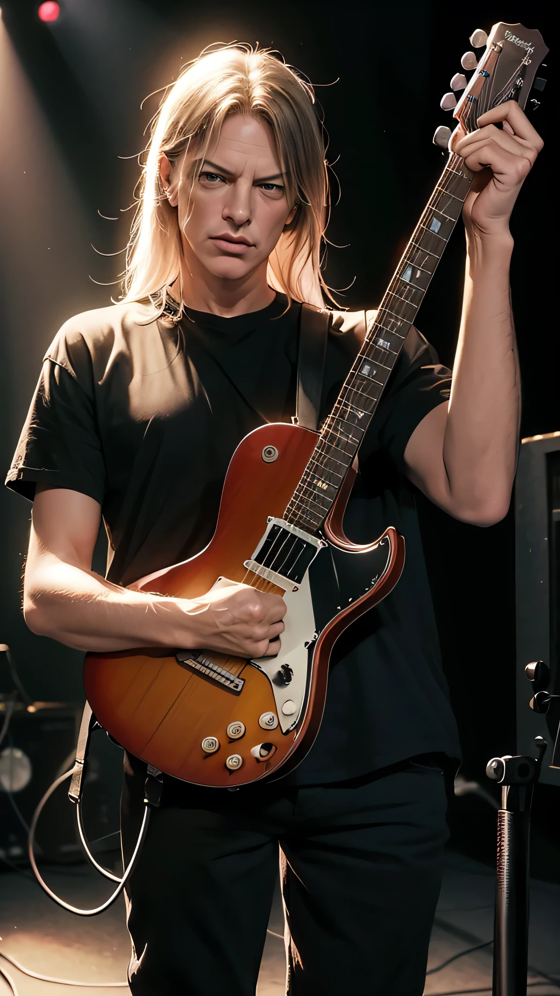 David Gilmour Pink Floyd pop star lead guitar, playng eletric guitar , 8k, udh, alta quidade de semelhanca, mais jovem, fix double guitar, idade 30 anos, show one guitar only