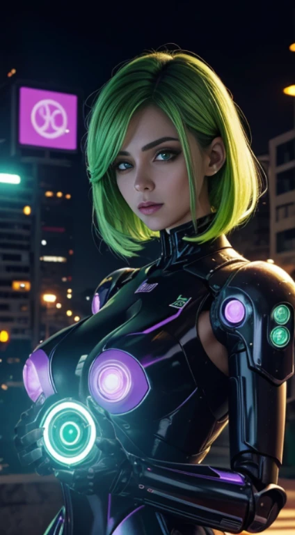 garota ciborgue, robot hand, olhos verdes, fundo da cidade cyberpunk, luz neon, cabelo roxo, obra de arte, Detalhes ultra-altos