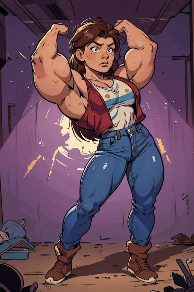 muscle girl with High cheekbones and a strong jawlineflexing muscles wearing purple muscle shirt and light blue jeans, her hair a rich chestnut brown, giving her a dynamic and youthful appearance, muscle woman, big muscles, huge muscles, massive muscles, muscle girl, bronze skin, Her facial features are a mix of determination and kindness, with expressive eyes that radiate a sense of adventure