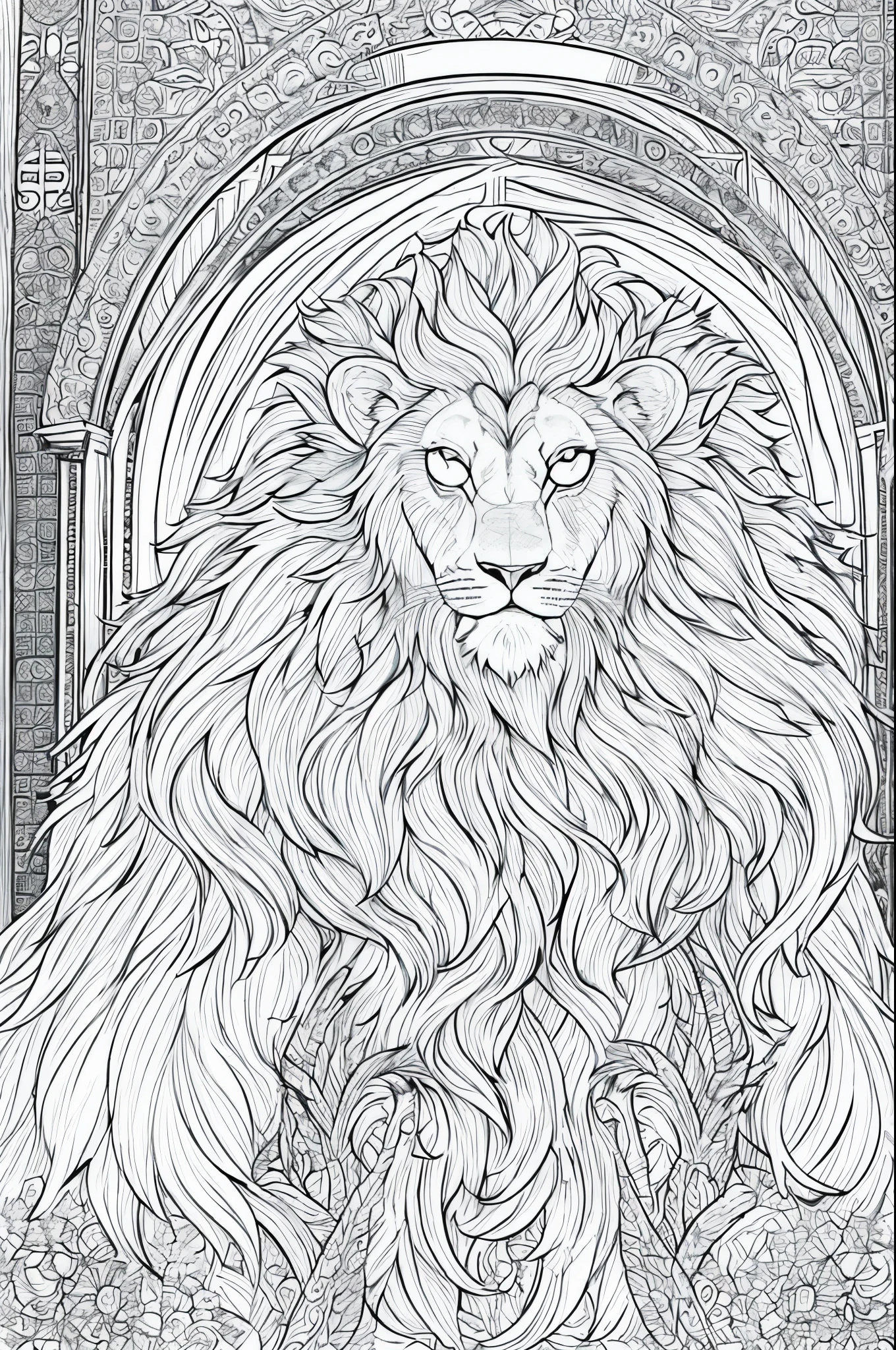 clean coloring book page of a lion, black and white