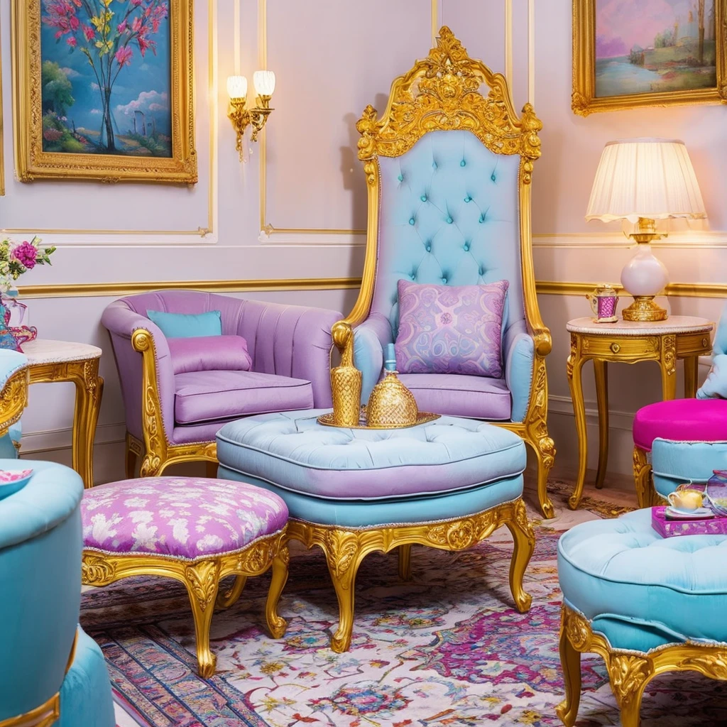 bright armchair and ottoman in a light pale room Fancy furniture, ornate furniture, bright and coordinated colors, fantastically bright colors, very cohesive and bright, Furniture in warm colors, lilac-milky color scheme, bold and colorful, Bright accents, Elegant and ornate, unusual drapery on furniture