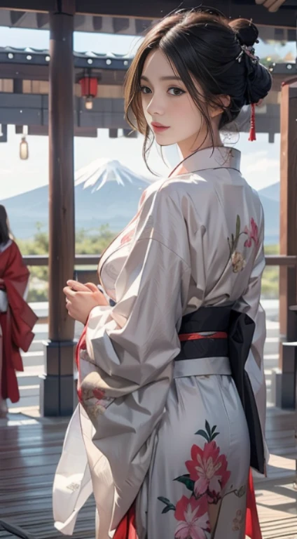 Mt fuji、wearing kimonos、