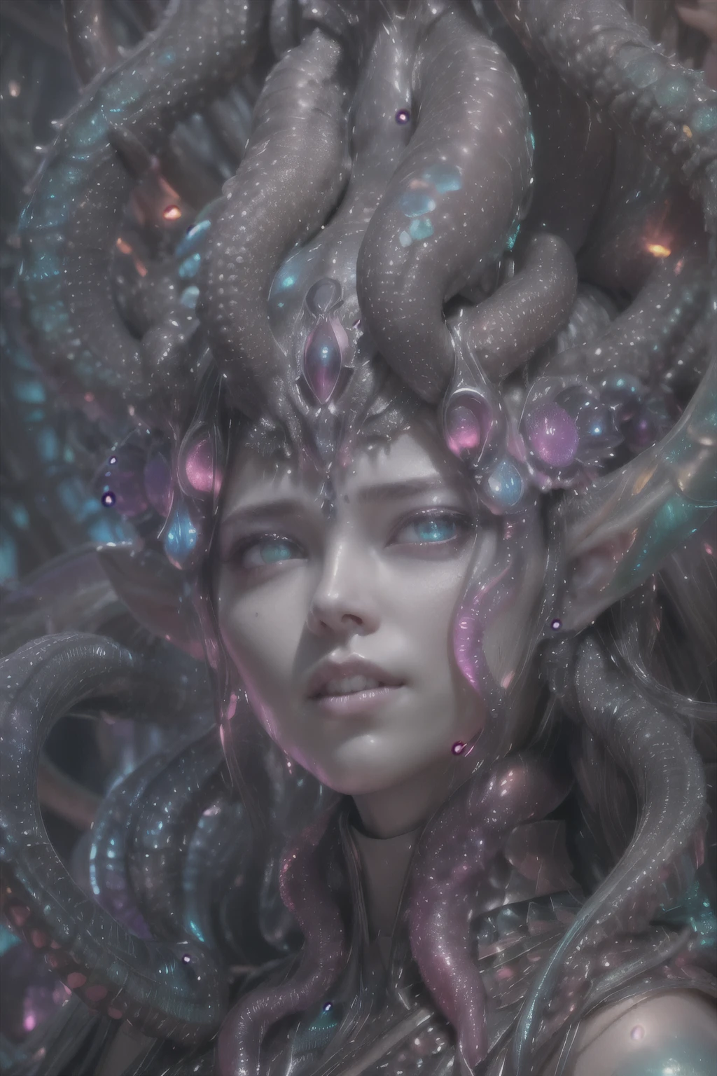 (1 beautiful and obscene female alien:1.4), (There is a female genital-like organ in the middle of her forehead:1.95), She has medusa-like hair, (there are lots of translucent tentacles from her head like her hair:1.5), (vulgarity1.7), (she is looking at viewers with glowing red eyes with no pupils:1.6), (She has translucent pale skin:1.4),(She has the most beautiful face in the history of the universe:1.2), (She has multiple bioluminescent organs on the side of her tentacles:1.4), (Her body is covered with an iridescent exoskeleton:1.4), (She is showing her arm pits:1.6), an evil gaze that seduces, (looking down at viewers:1.4),(Vampire-like long canine teeth can be glimpsed through the gap between the cute lips:1.4) (bio luminescent:1.4), (Smile wickedly:1.3), (sexypose:1.4), alien, No humans, cells are fused, extraterrestrial, cell, bio image, ultra high resolution, (photos realistic:1.7), (Numerous award-winning masterpieces, with incredible detail, textures and maximum detail), Dramatic Lighting, cinematic quality, (exquisite details:1.2), High freshness, drawing faithfully, (Thick eyebrows:1.2), Beautiful eyes with fine symmetry,(Highly detailed face and eyes:1.2),(Super detailed skin quality feeling:1.4), perfect anatomy, (Beautiful toned body:1.5), (Moist skin:1.2), not wearing makeup, (dark circles:1.1), long canines, cinematic drawing of characters, cinematic quality, (exquisite details:1.2), high resolution, High freshness, drawing faithfully, official art, Unity 8K Wall paper, ultra detailed artistic photography, midnight aura, unreal engine 5, Ultra Sharp Focus, art by Amano Yoshitaka, ArtGerm, ultra realistic realism, dream-like, Creation of fantasy, dream Snail, (biopunk nautilus:1.3),Thrilling color schemes, seductively smiling, Amazing mutation, well-proportioned body, goddess of the deep sea, fractal, Geometric pattern, impossible figures, subtle emerald green accents, (expression of ecstasy:1.4)