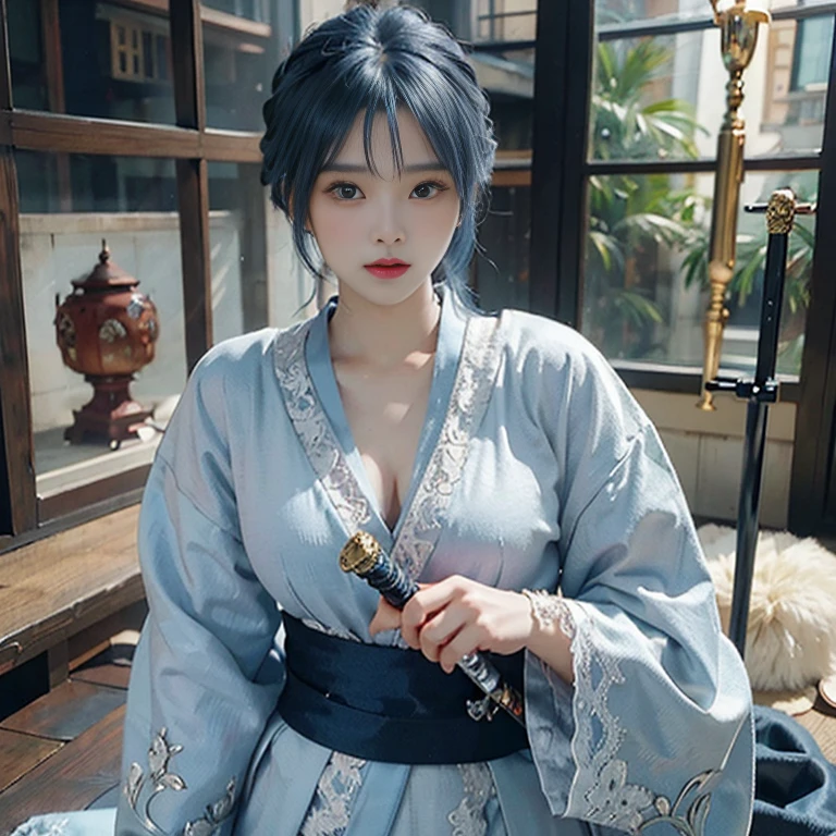 ultra detailed complex 3D rendering of a beautiful anime character, beautiful soft studio light, rim light, vibrant details,luxurious, kimono, lace, hyper-realistic, blue hair, showing intimate parts with ultra realism feudal world, holding a sword