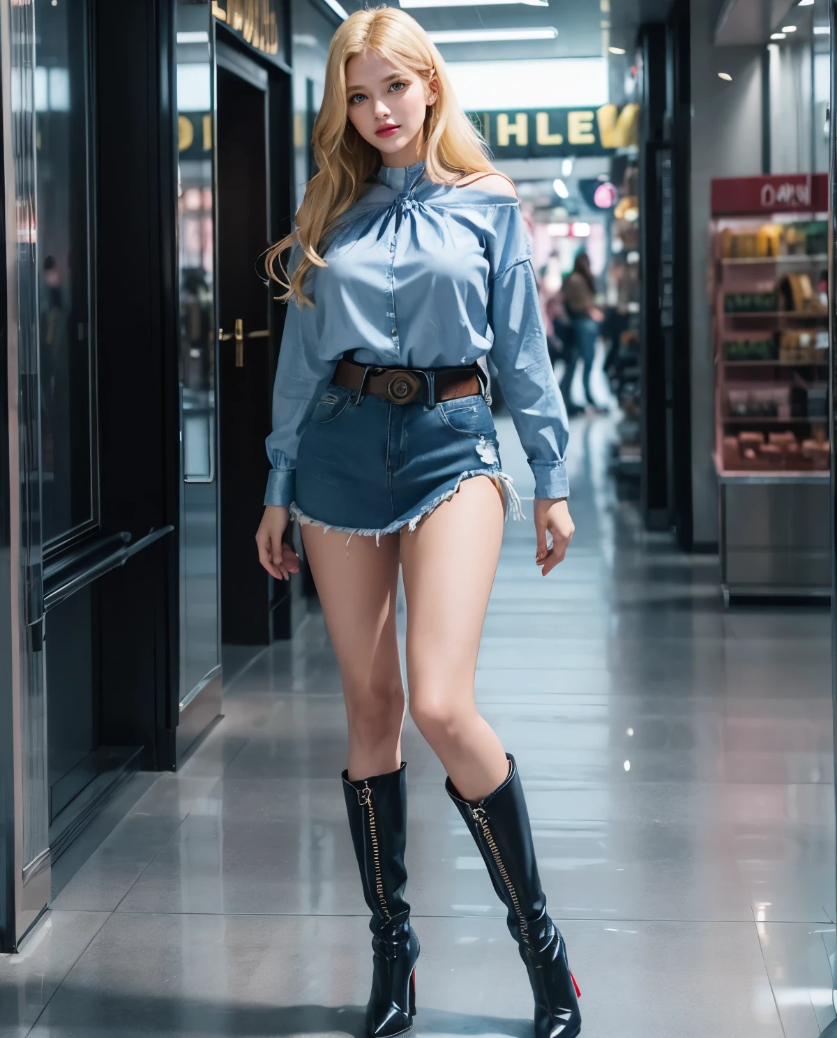 1girl, Blue eyes, (smile), (long leather high heels boots :1.3), shiny makeup, (Sana Minatozaki), wide hips, Big , big ass, (Best Quality, 8k, Masterpiece: 1.3), perfect hands, Clear Focus: 1.2, Perfect Body Beauty: 1.4, Highly detailed face and skin texture, detailed eyes, double eyelids, red lips, (blonde long hair :1.2), (pink blouse :1.2), belt, (denim skirt :1.3), standing, dynamic pose, in a shopping center