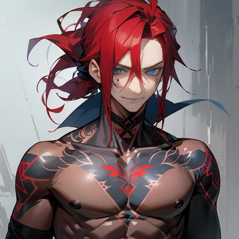handsome blue eyes,Mulet style red hair, tattoos all over his body,male people,a handsome,Cool atmosphere,Soio,Mash,Depressive Atmosphere(masuter piece,Half body,,ムラムラ,evil smile,Yandere atmosphere,A few tattoos on the face,Hair tied back.