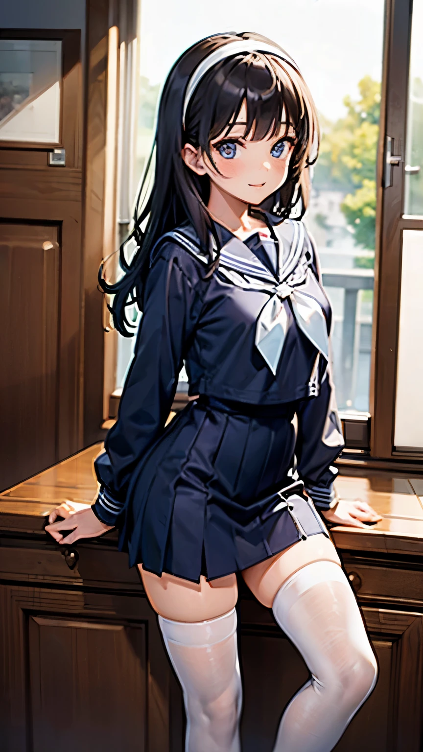 (masterpiece: 1.3), (highest quality:1.4), ultra high resolution, (fine eyes), (detailed facial features), (Detailed features of clothing), HDR, 8K resolution, High school girl in sailor suit, Anime 2D rendering, White headband, smile, black hair, navy blue sailor uniform, black stockings, school scenery, small face, trot, semi-long, 