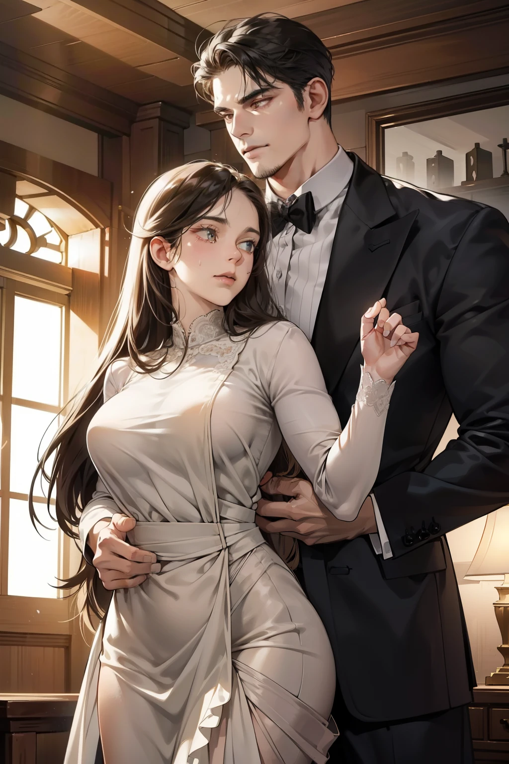 (ultra-detailed, emotional scene), tall man, muscular build, definitive features, facial hair, deep-set eyes with warmth, wife's  frame, curvy figure, long hair cascading down her back, wife's expression filled with love, intimacy, soft clothing, delicate skin, warm colors, indoor setting, cozy atmosphere, layout: 2-point perspective.

A tall man with a muscular build firmly hugs his wife. His facial features are definitively captured, with a hint of a five o'clock shadow gracing his chin. His deep-set eyes shine with warmth, reflecting his love for her. The woman in his embrace is ,